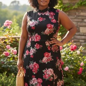 Ashley Stewart Black and Pink Floral Midi Dress